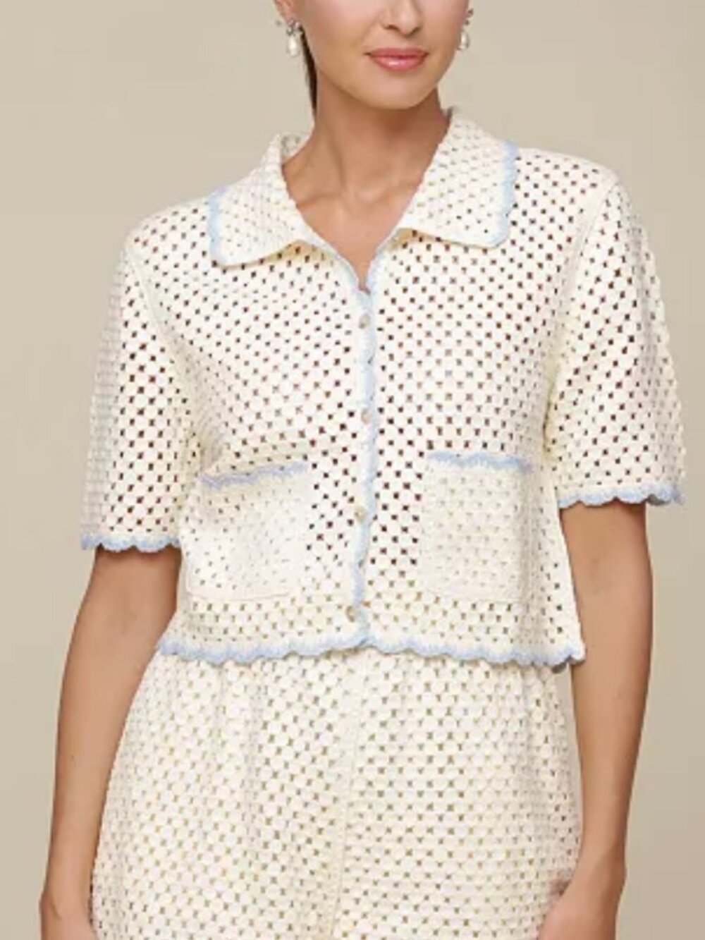 NEW Avec Les Filles Scallop Short Sleeve Knit Crochet Top XS/S